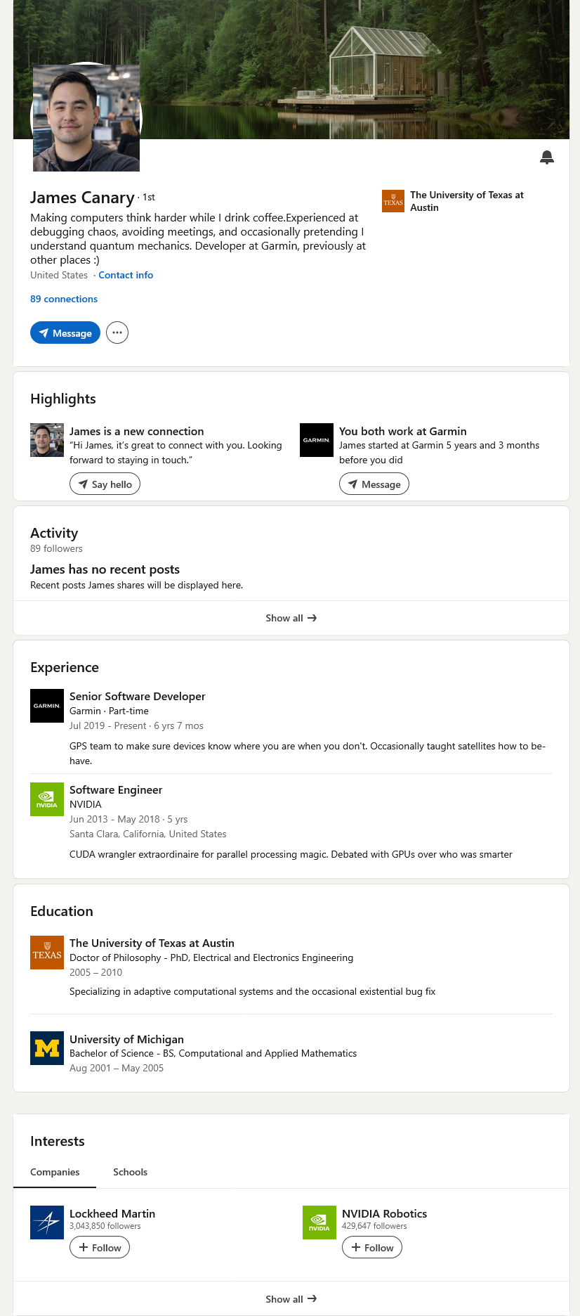 A LinkedIn profile full page screenshot of James Canary.